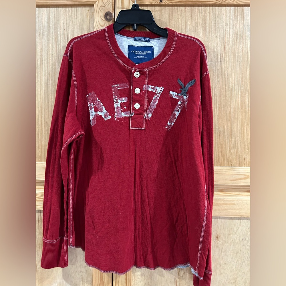 Vintage American Eagle Outfitters Red Long Sleeve Henley Slub Tee Sz XL